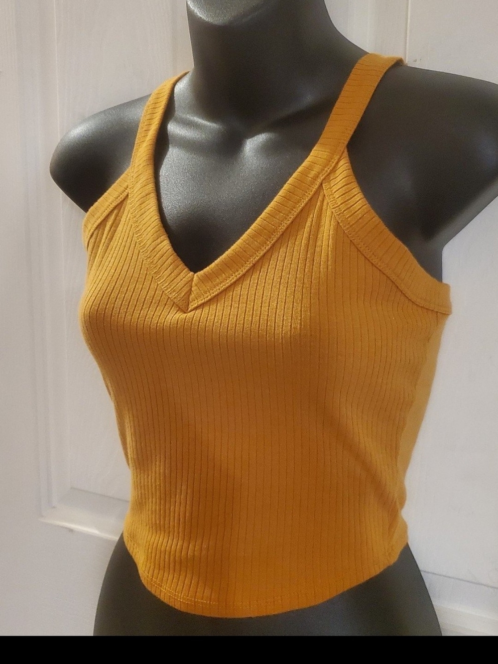 Destined Ribbed V-Neck Crop Top in Mustard - Picture 2 of 6